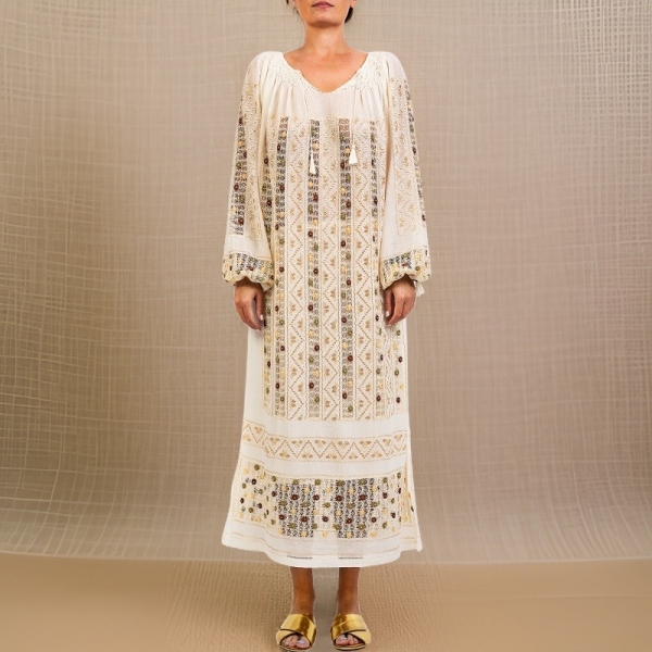 Maxi Long-Sleeved Romanian Dress with Openwork Lace and Green-Brown-Golden Silk Little Flowers Hand-Embroidered by Artisans