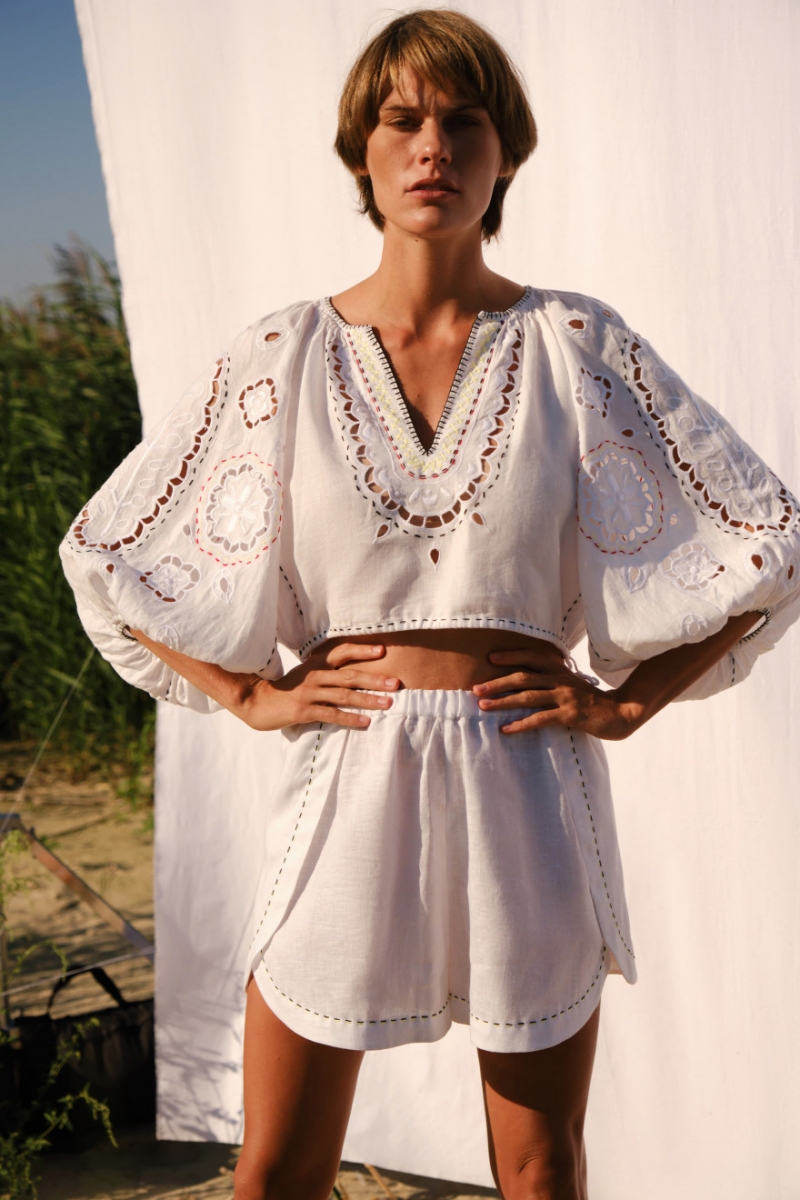 Merezhivo embroidered top with pleated gold and silver beads