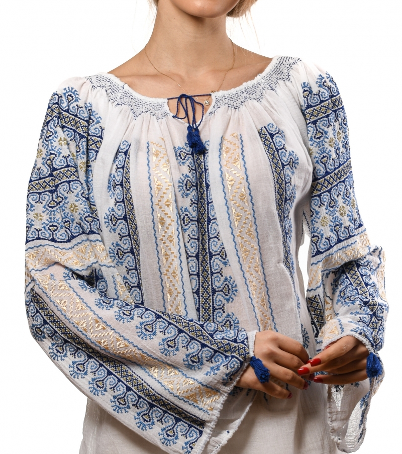 Romanian authentic traditional embroidery stitch blouse The Comb motif