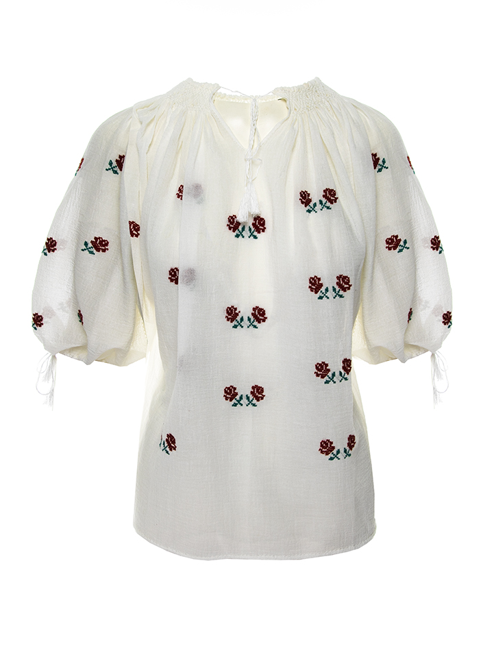 Short-Sleeved Traditional Romanian Blouse with Red and Green Floral Embroidery Handmade by Artisans