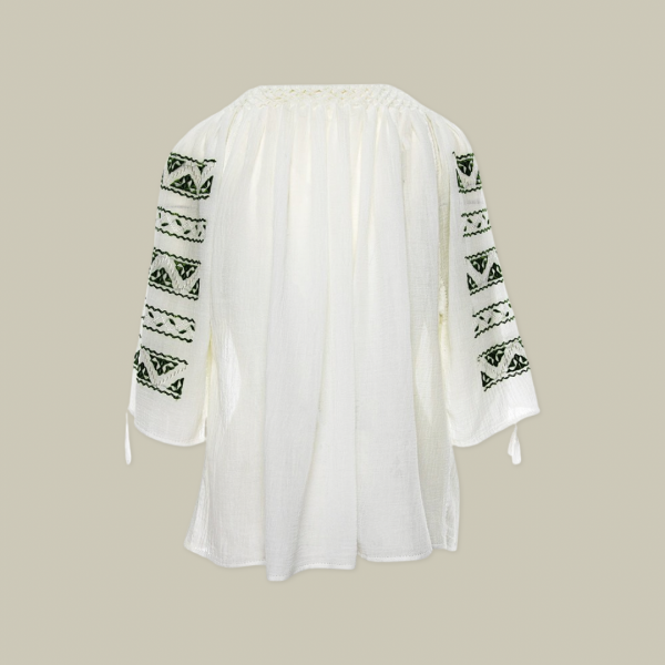 Short-Sleeved Traditional Romanian Blouse with Emerald-Green Silk Geometric Embroidery Handmade by Artisans