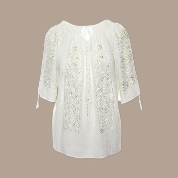 Short-Sleeved Traditional Romanian Blouse with White Silk Geometric Embroidery Handmade by Artisans