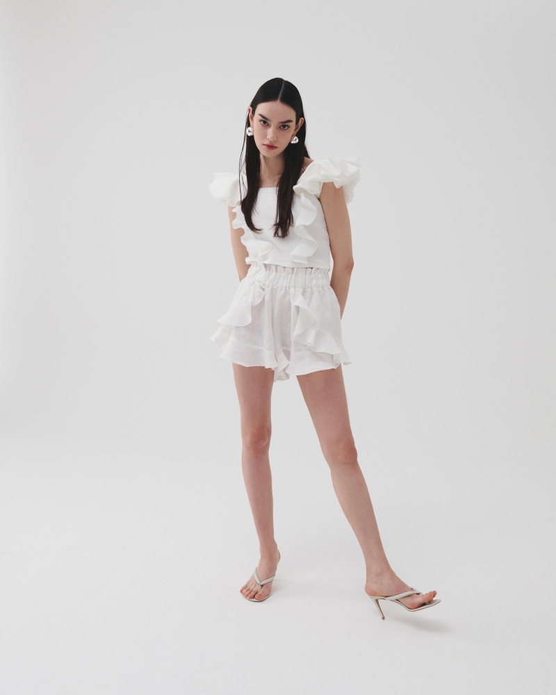 Under Flirty Summer Ruffled Natural Linen Shorts In off white