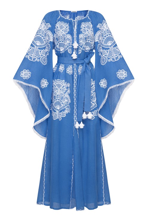 Victory Blue Folk Embroidered Dress Foberini