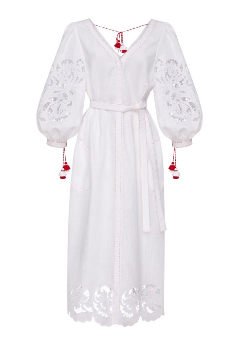 Iris Richelieu Linen Embroidery Midi Dress In White Foberini